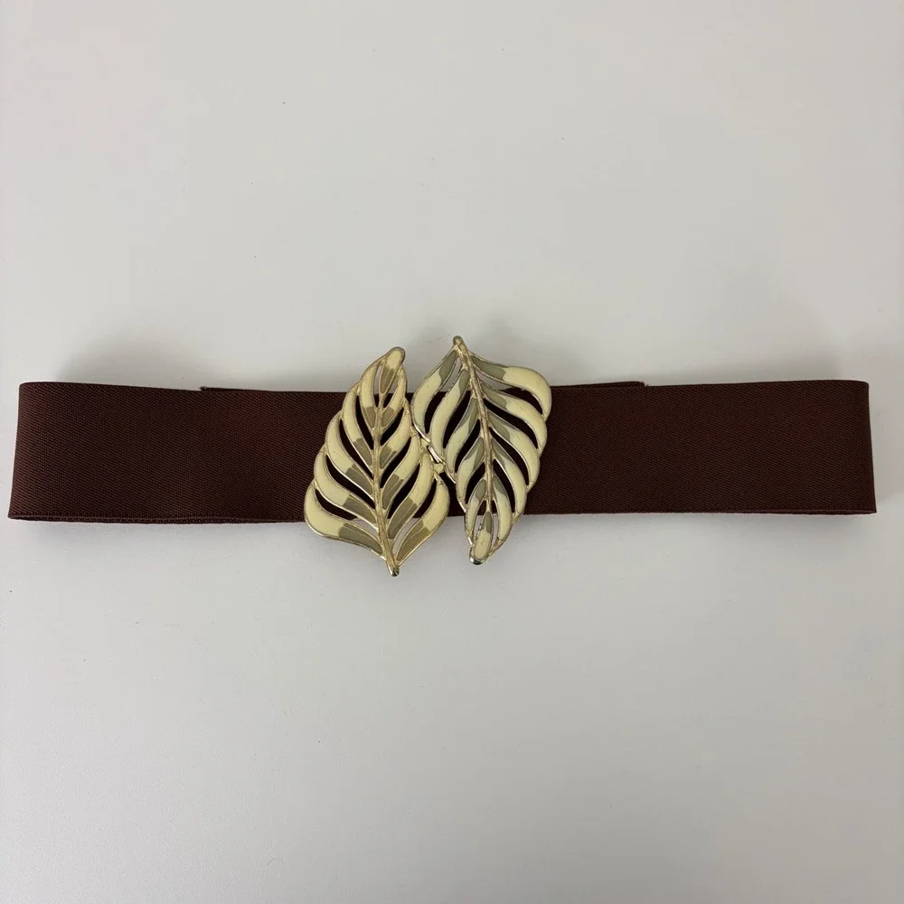 Vintage Brown Elastic Cinch Belt Gold Leaf Enamel Buckle Retro Waist Belt Sz M